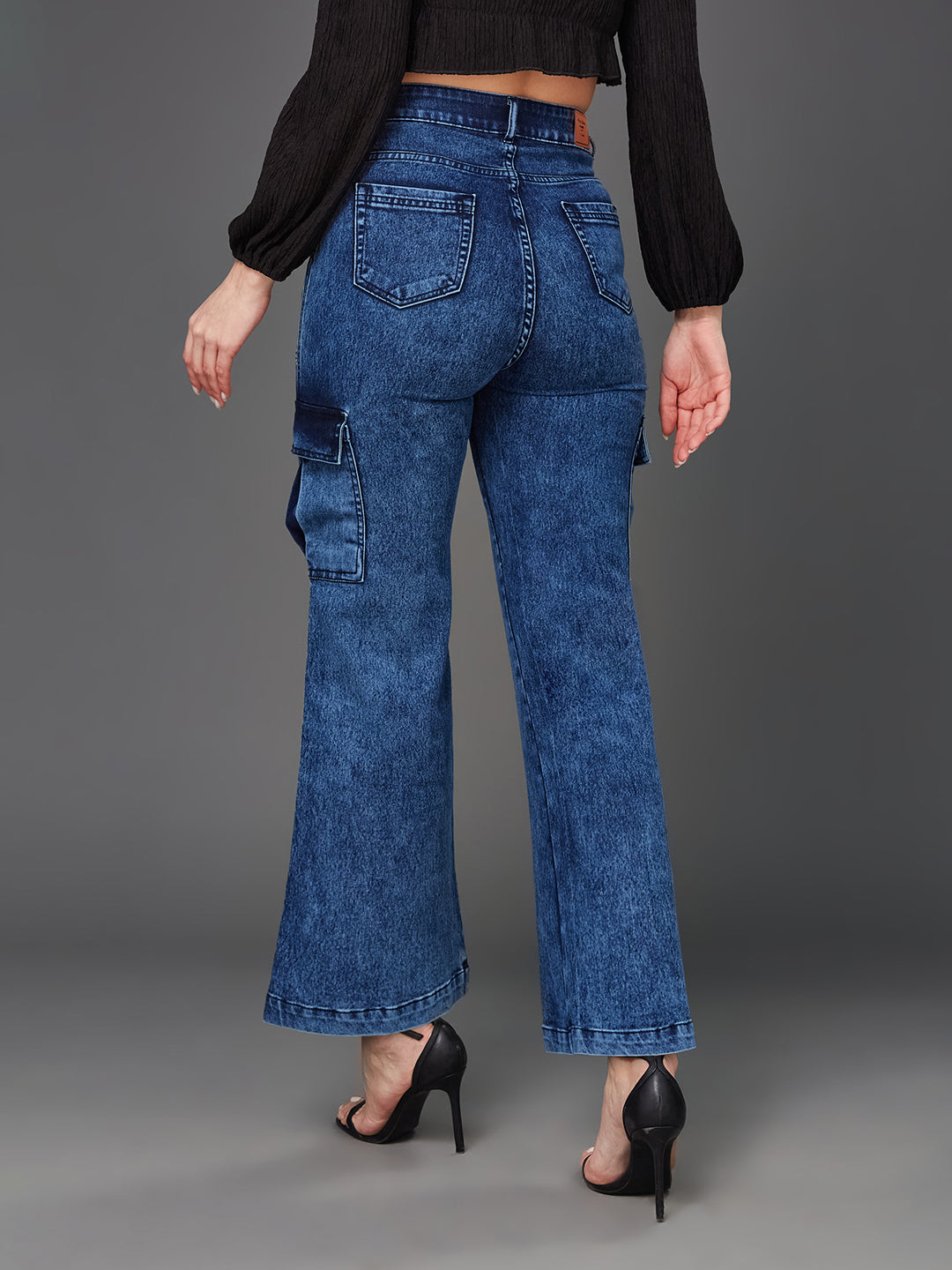24/7 Comfort Mid Blue Wide-Leg High-Rise Clean-Look Regular-Length Stretchable Denim Cargo Jeans