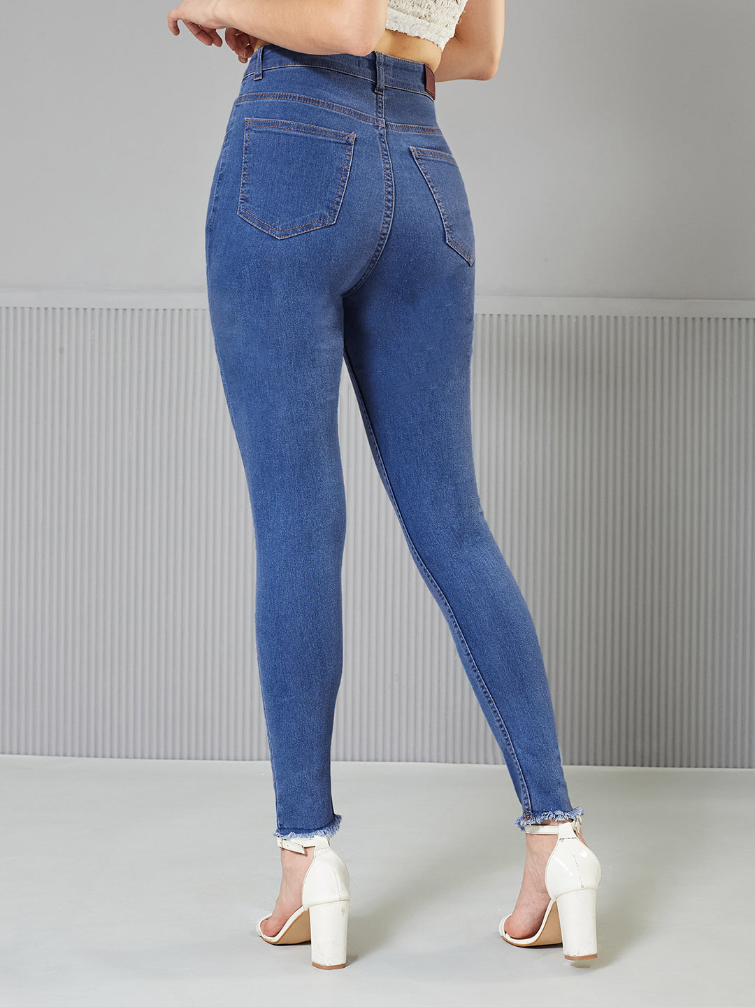 24/7 Comfort Mid-Blue Skinny-Fit High-Rise Cropped Length Fringe Detailing Stretchable Denim Jeans for Women — Miss Chase