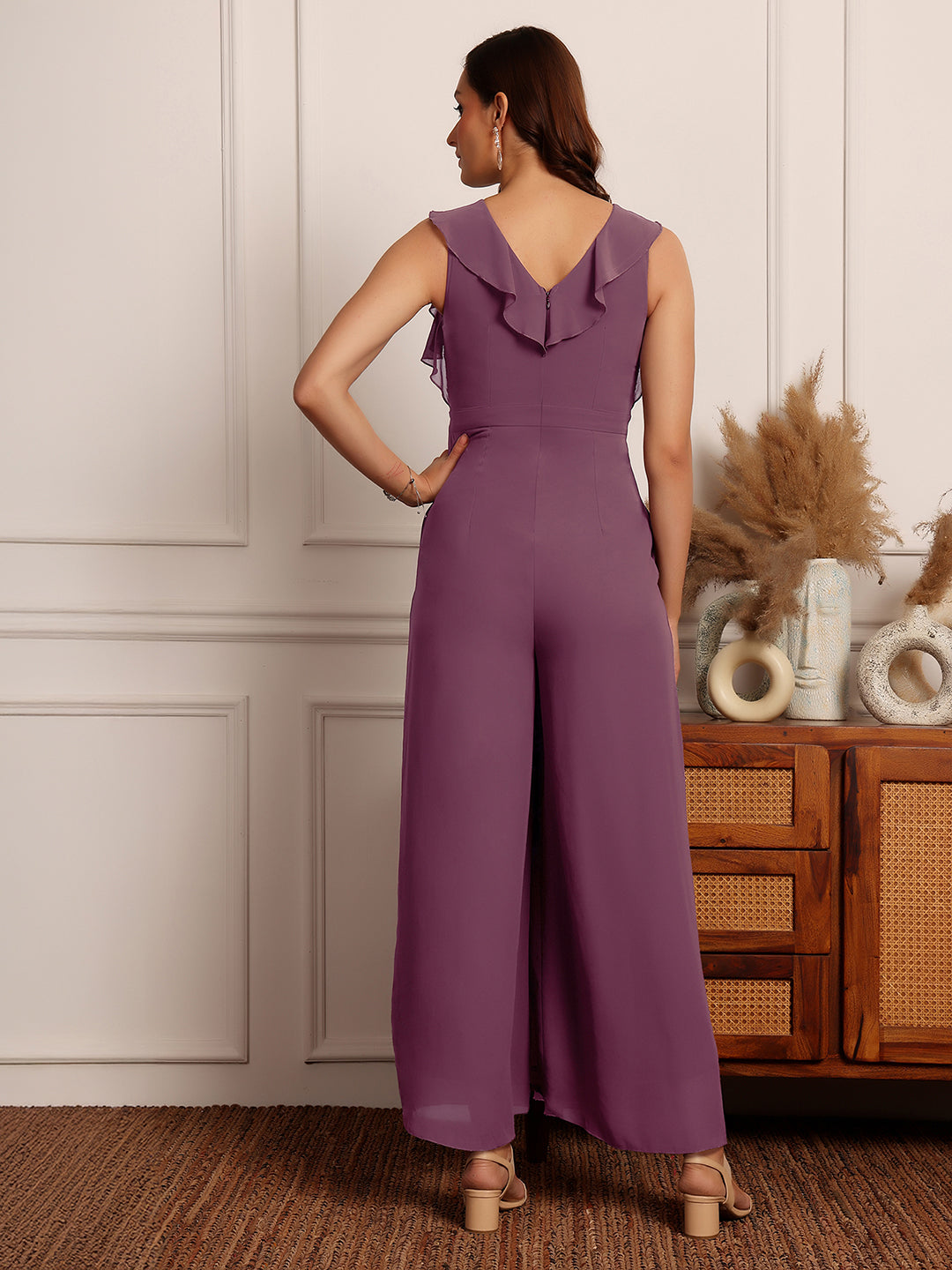 Women's Mauve Sleeveless Embellished Ruffle-Styled Regular-Length Jumpsuit