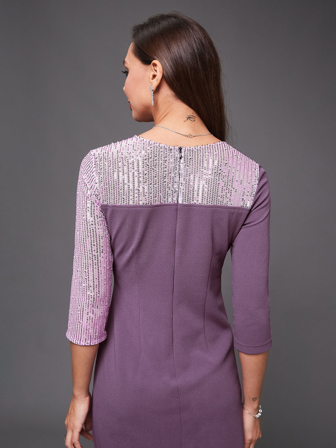 Women's Lavender V-Neck 3/4 Sleeve Embellished Asymmetric Polyester Knee-Long Dress