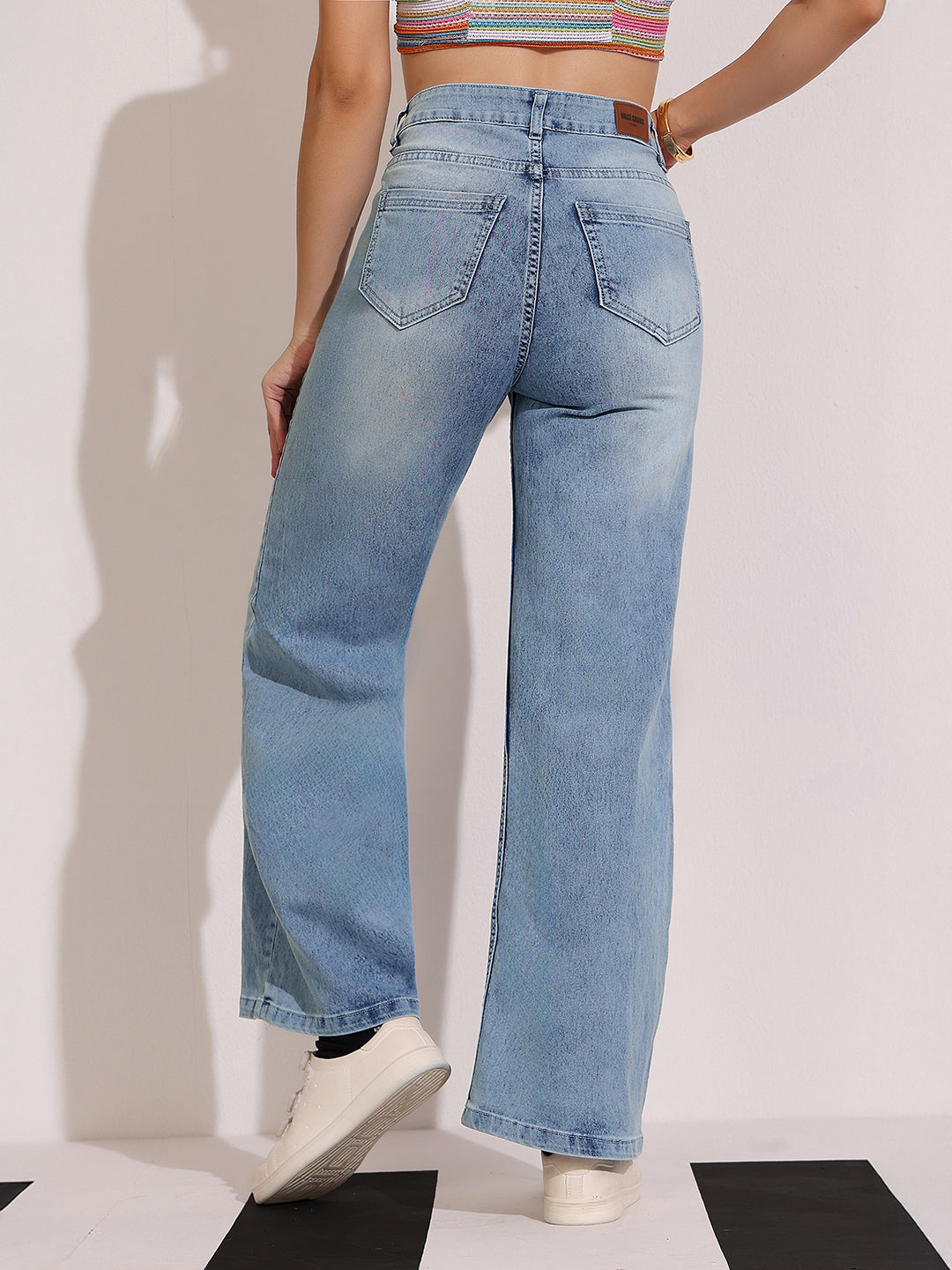 Women's Light Blue Wide-Leg High-Rise Clean-Look Regular-Length Stretchable Shaping Denim Jeans