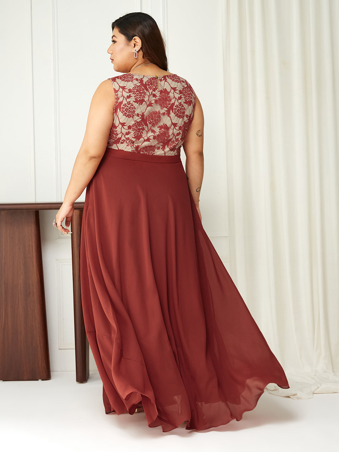 Brick Red & Dusty Green Sleeveless Fit and Flare Lace Dress for Women