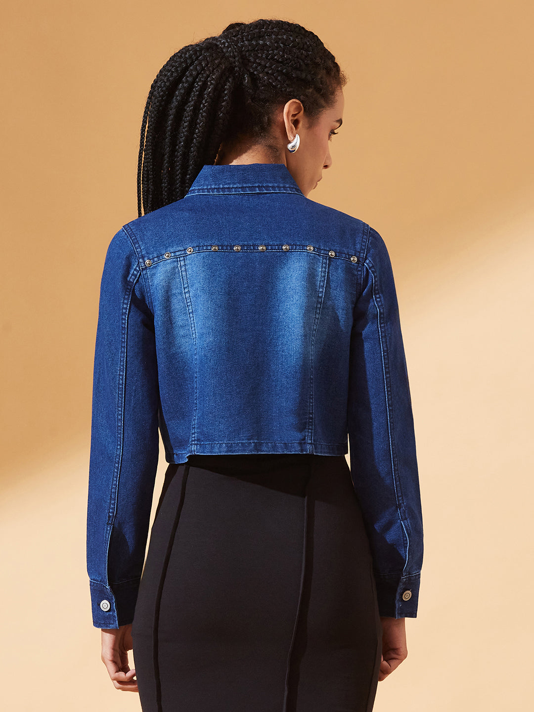 Navy-Blue Solid Polo Neck Full Sleeves Buttoned Denim Embellished Cropped Jacket for Women