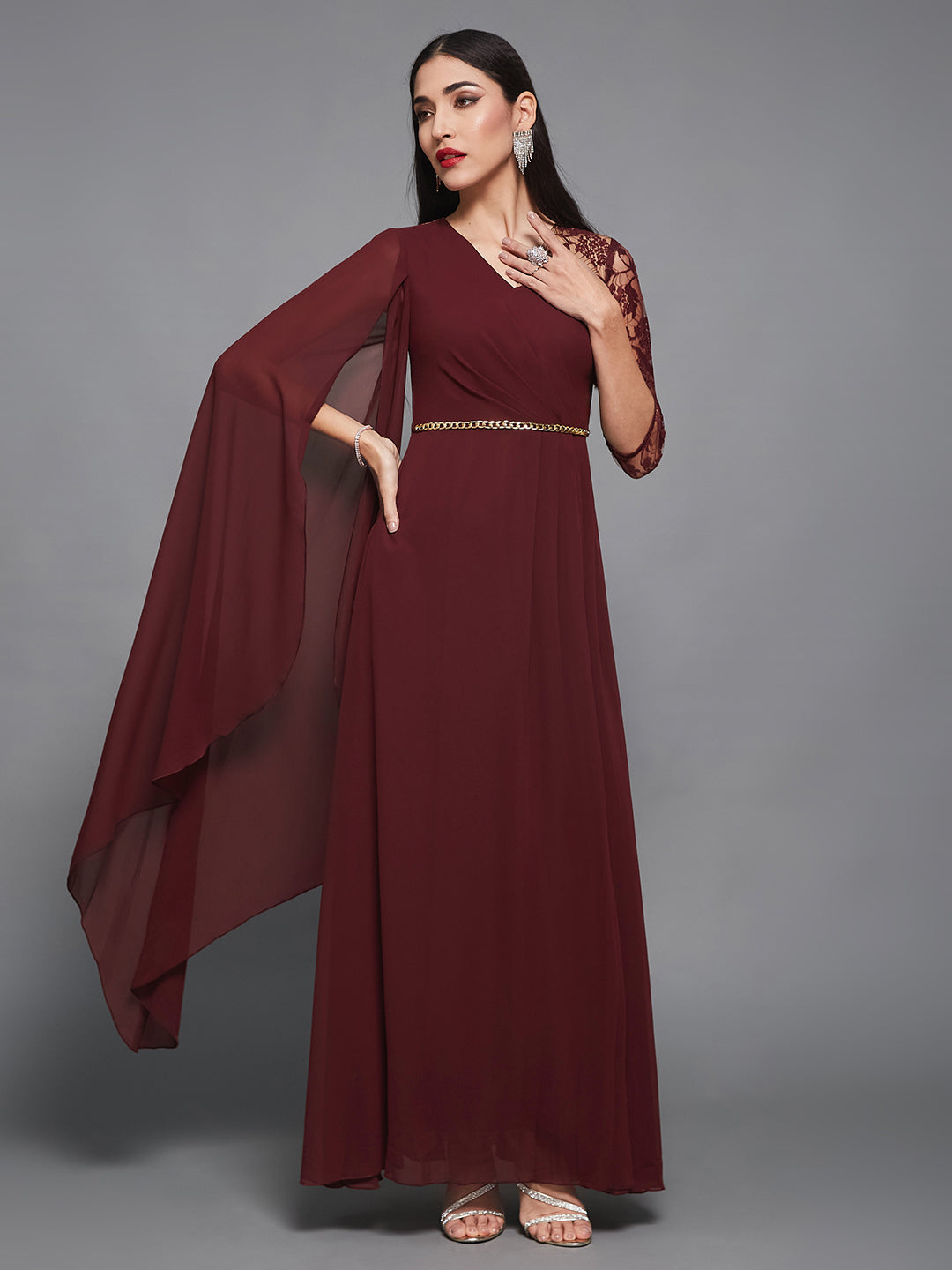 Women's Wine V-Neck 3/4 Sleeve Self-Designed Asymmetric Georgette Maxi Dress