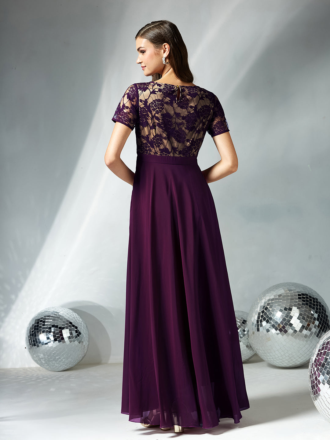 Women's Dark Purple Round Neck Half Sleeve Self Design Fit & Flare Georgette Maxi Dress