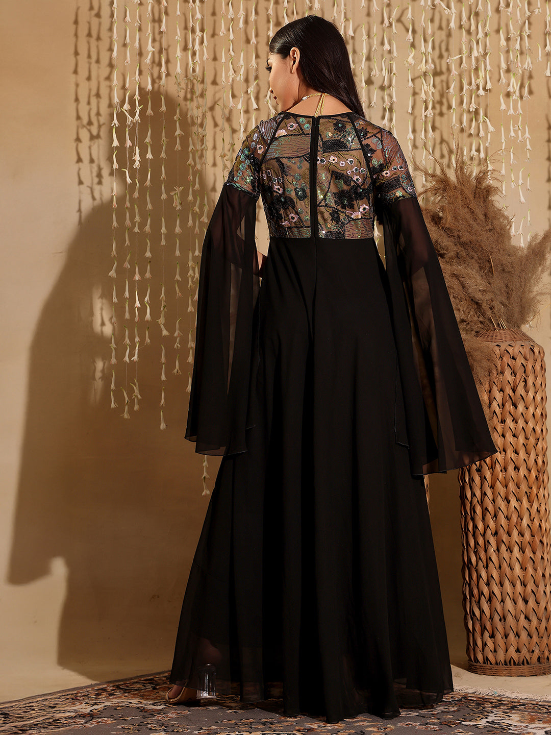 Women's Black Sweet-Heart Full Sleeve Embellished Slit Sleeve Maxi Georgette Dress