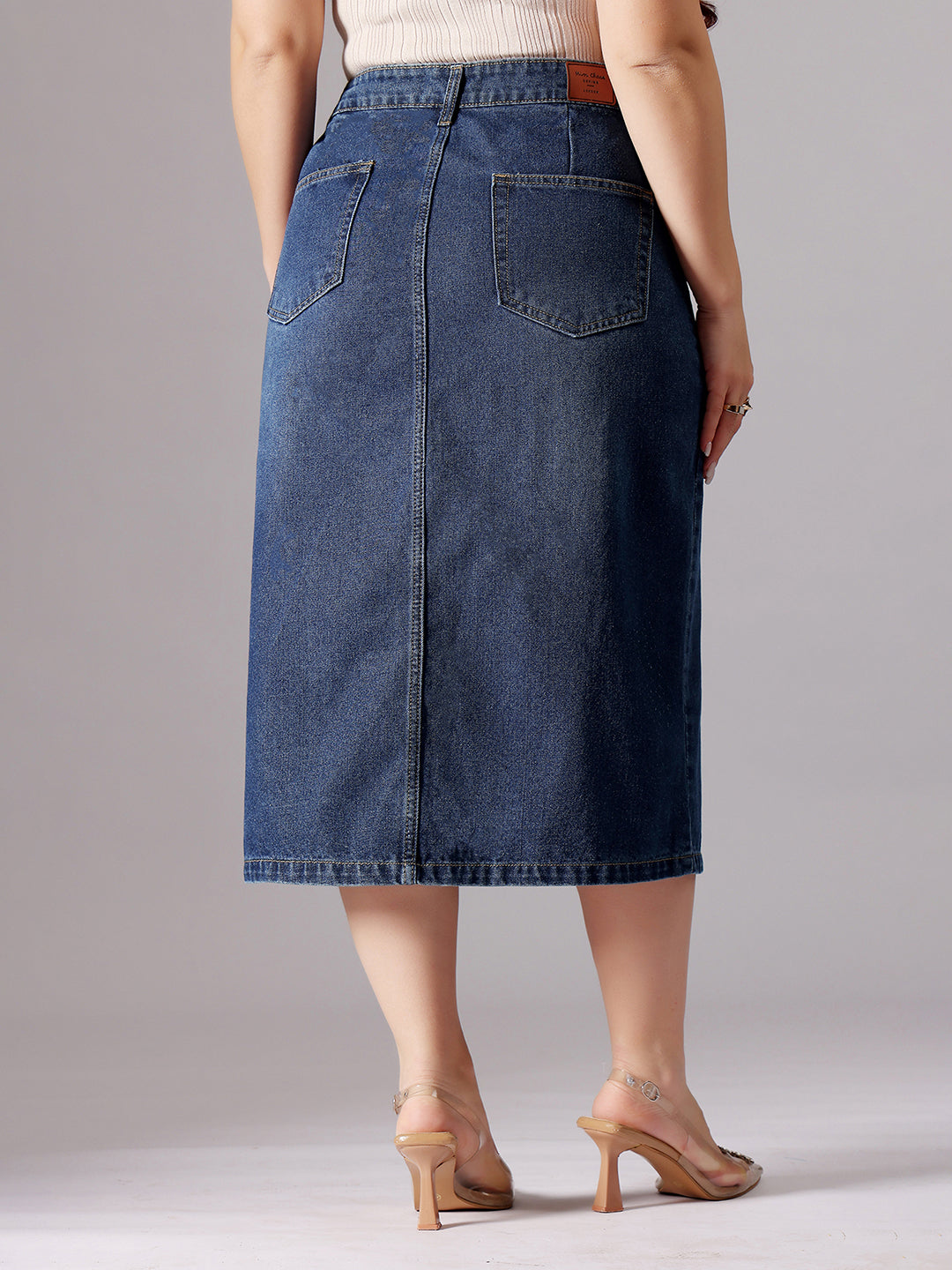 Women's Dark Blue A-Line High-Rise Clean-Look Non-stretchable Denim Midi Skirt