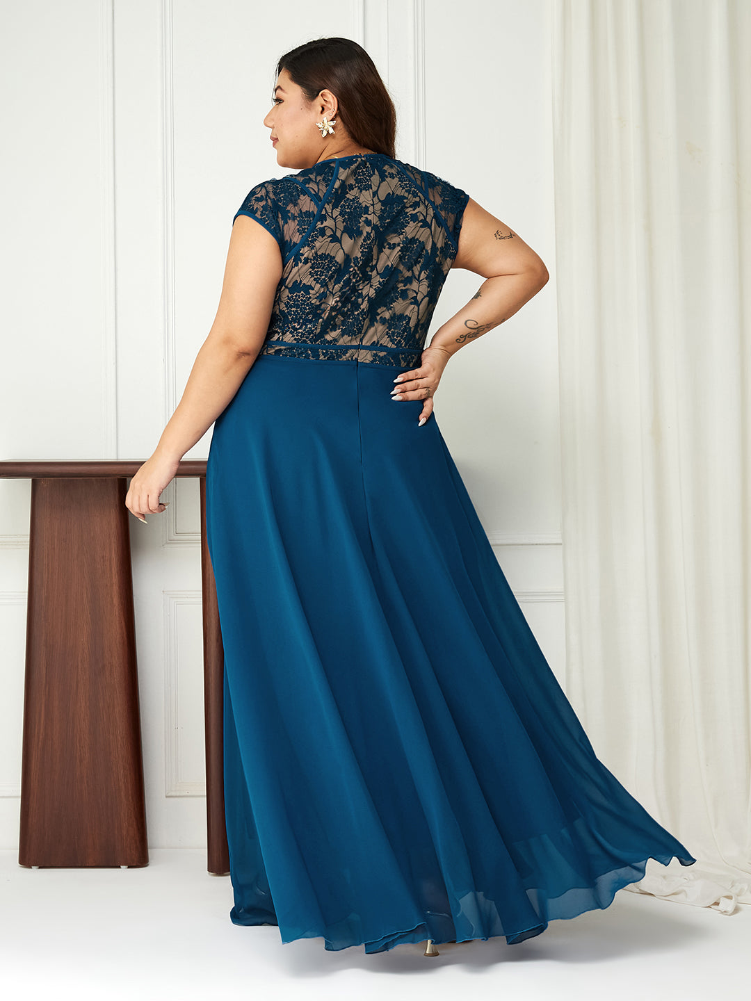 Royal Blue Floral Cap Sleeves Fit and Flare Lace Maxi Dress Gown for Women | Bridesmaids' Favourites