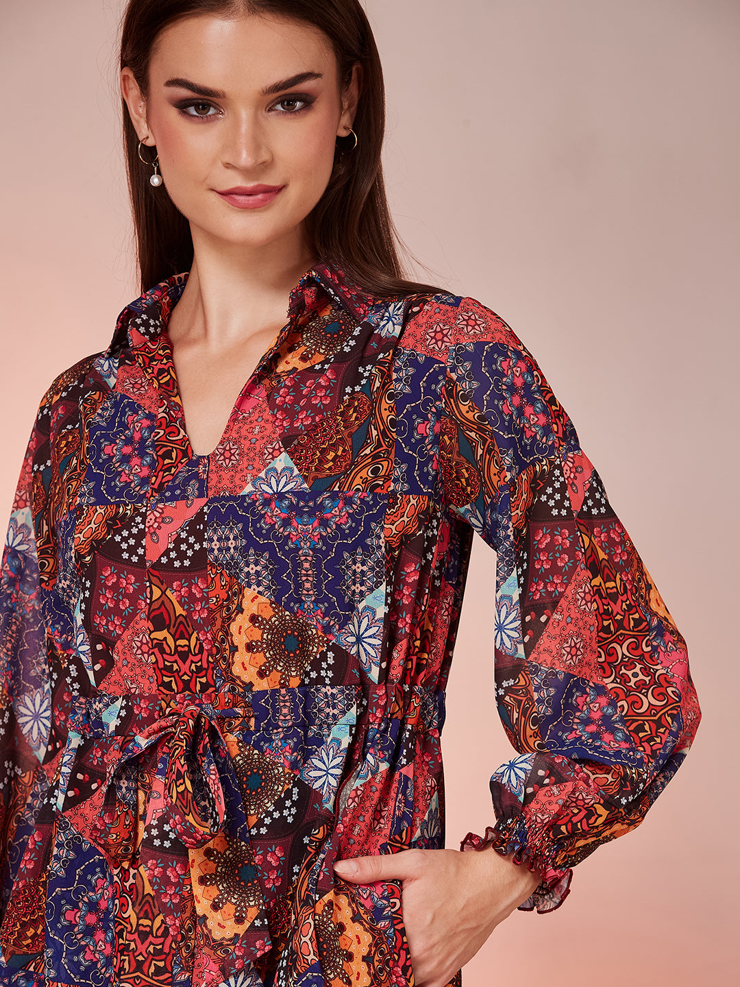 Multicoloured Shirt Collar Bishop Sleeve Printed Bohemian Short Georgette Playsuit for Women