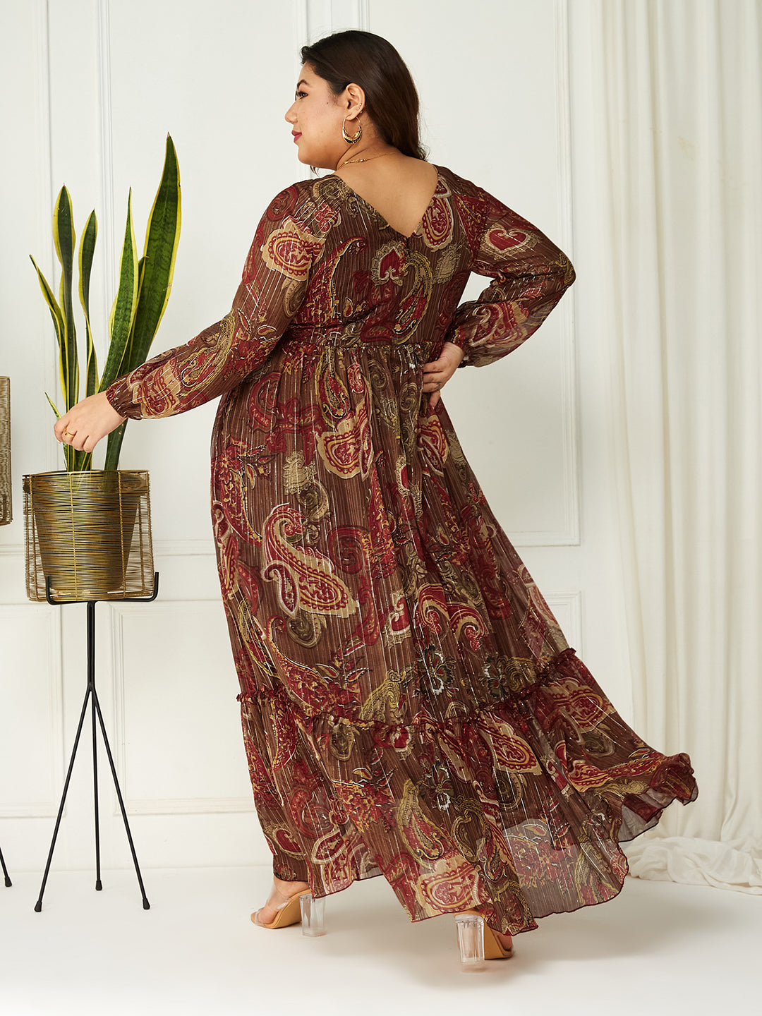 Multicolored-Base-Brown Relaxed Fit Maxi Lurex Chiffon Dress for Women