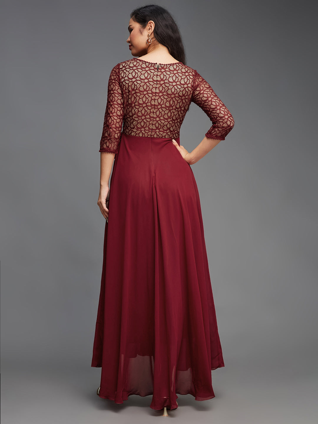 Women's Maroon Floral Print Relaxed Fit V-Neck 3/4th Sleeve Georgette Maxi Dress