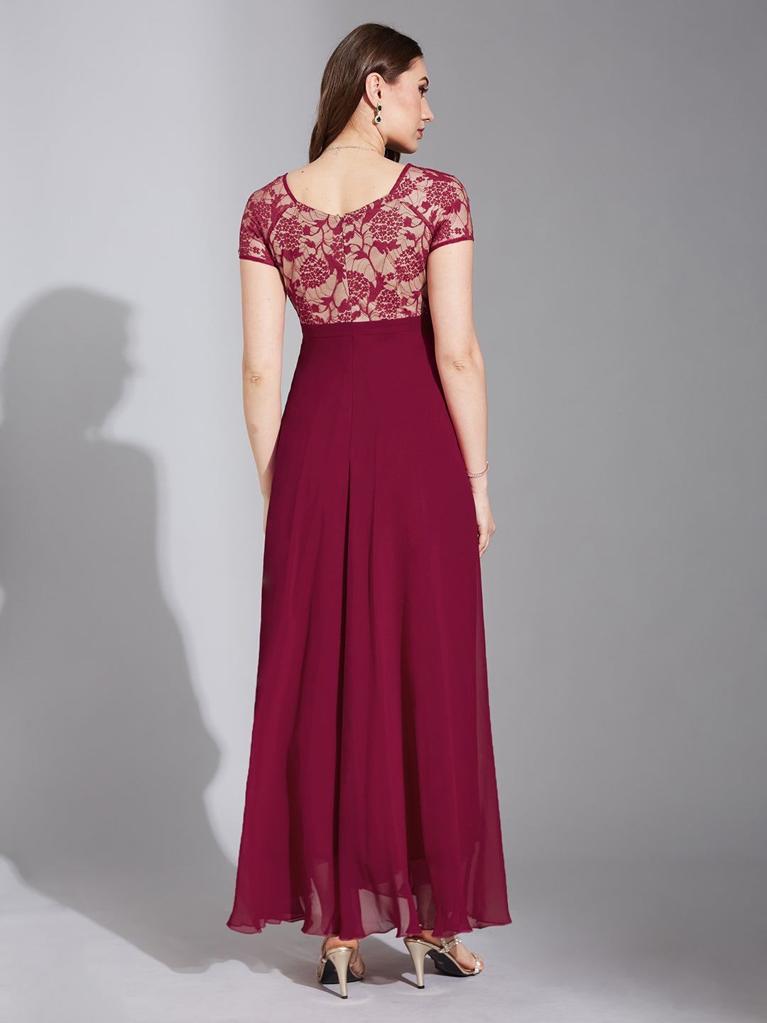 Women's Dark Pink Square Neck Raglan Short Sleeve Self Design Lace Overlaid Georgette Maxi Dress