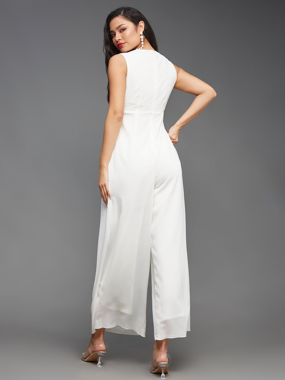Women's Off-White Relaxed Fit Sleeveless Gold Sequined Round Neck Ankle-Length Straight Party Jumpsuit