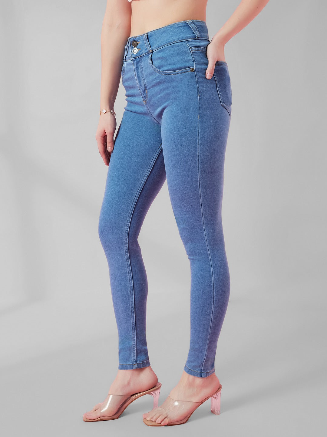 Blue Skinny Fit High-Rise Ice Wash Stretchable High Waist Denim Jeans for Women