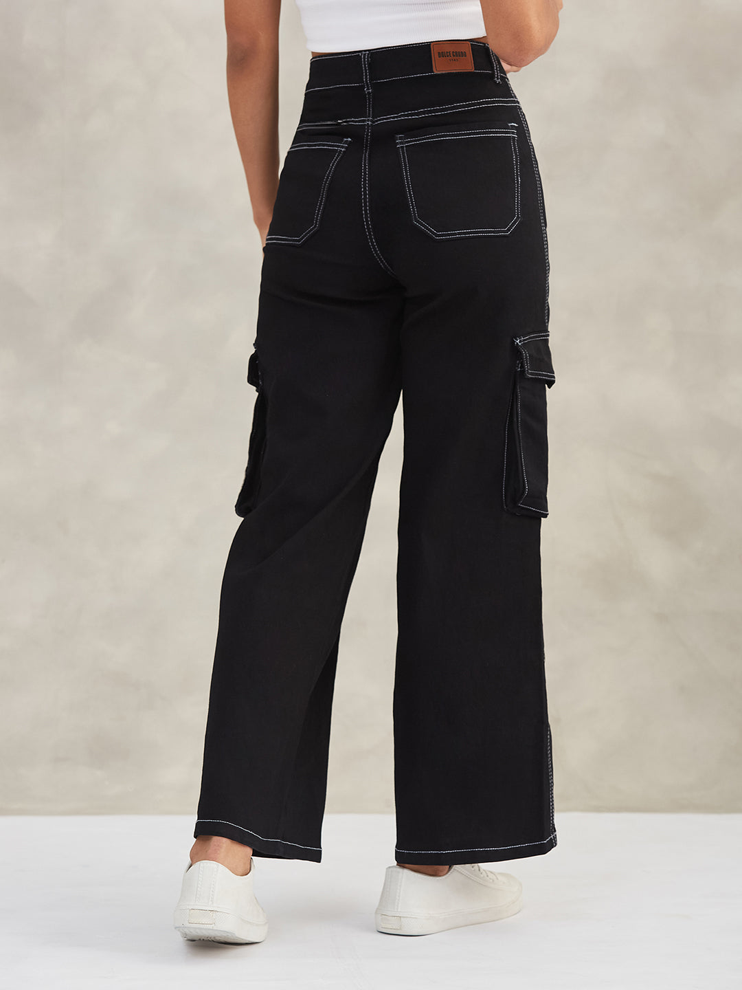 Women's Black Wide-Leg High-Rise Clean-Look Regular-Length Stretchable Patch-Pocketed Denim Jeans