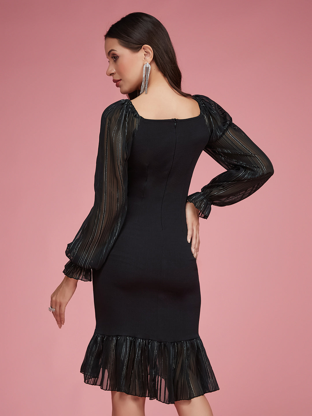 Black Square Puff Sleeve Solid Ruching Midi Dress for Women