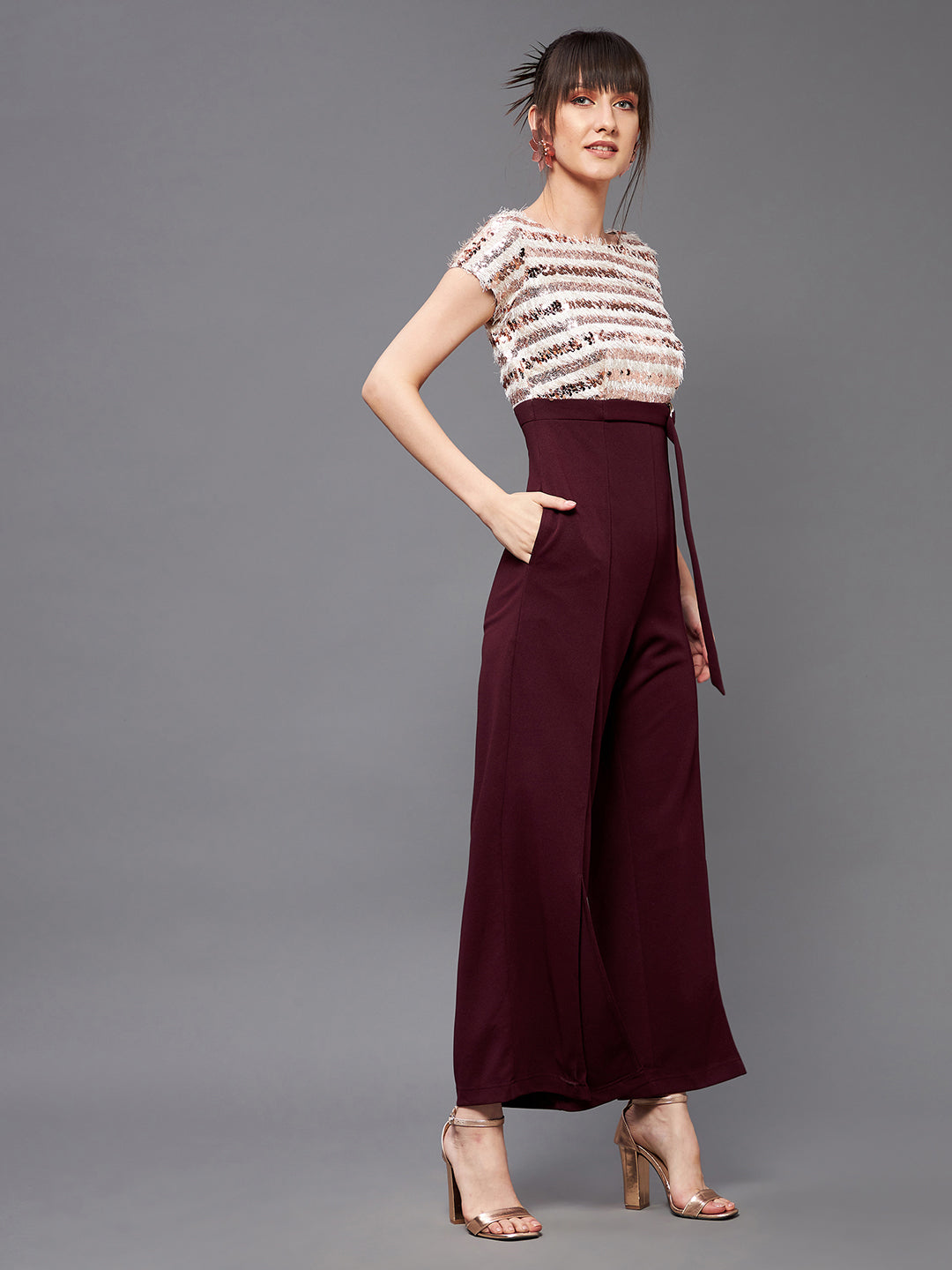 Crease Ease Cocktail Women's Wine & Beige Round Neck Short Sleeve Sequins Slit Jumpsuit