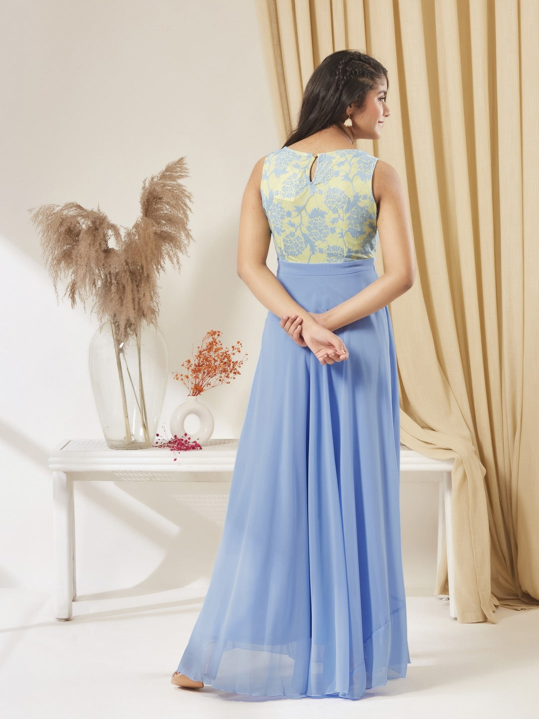 Sky Blue Round Neck Sleeveless Georgette & Lace Floral Fit & Flare Maxi Dress for Girls/Teenagers