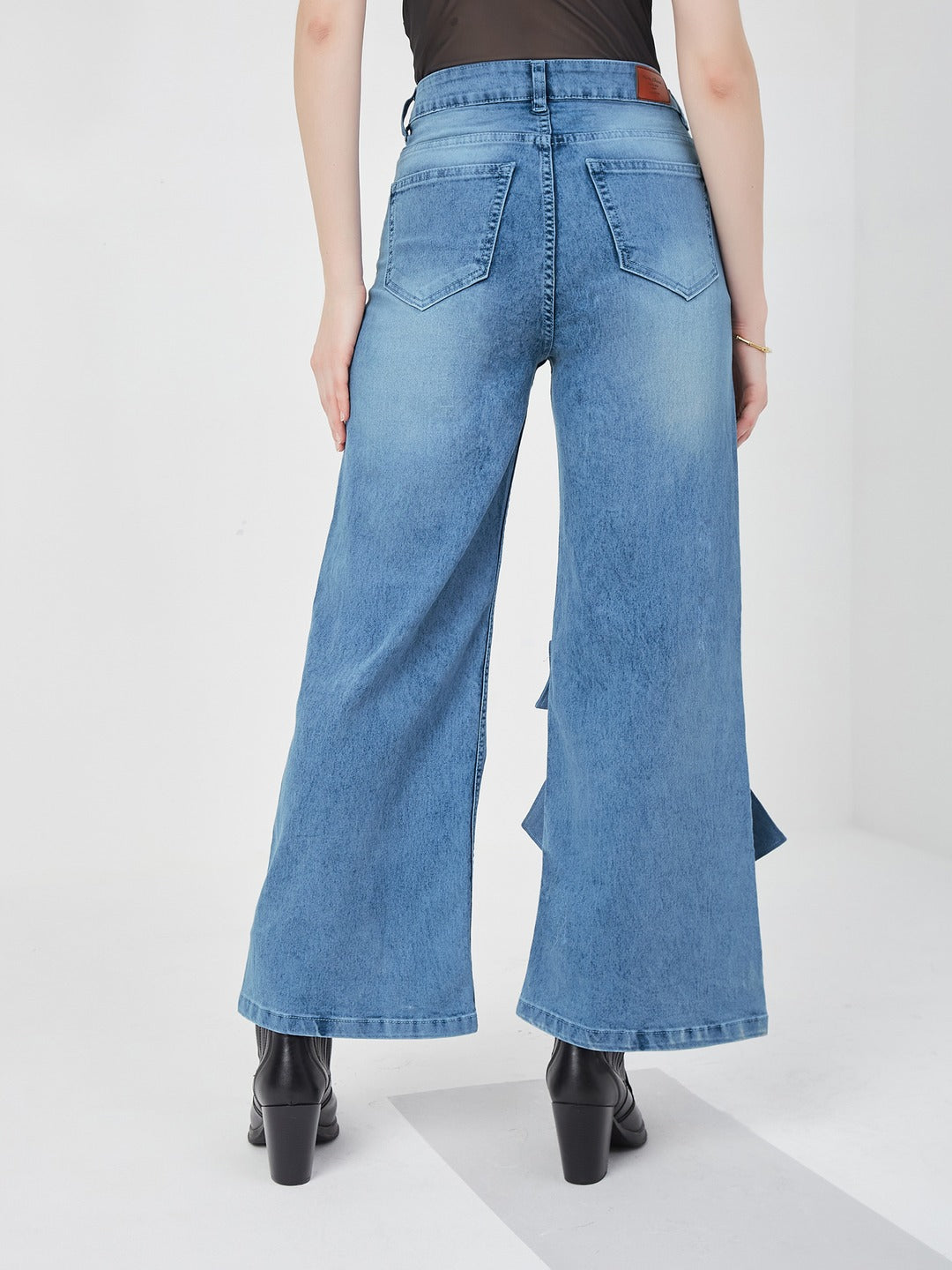 Light Blue Statement Bow Wide-Leg high-rise Regular Stretchable Denim Jeans for Women