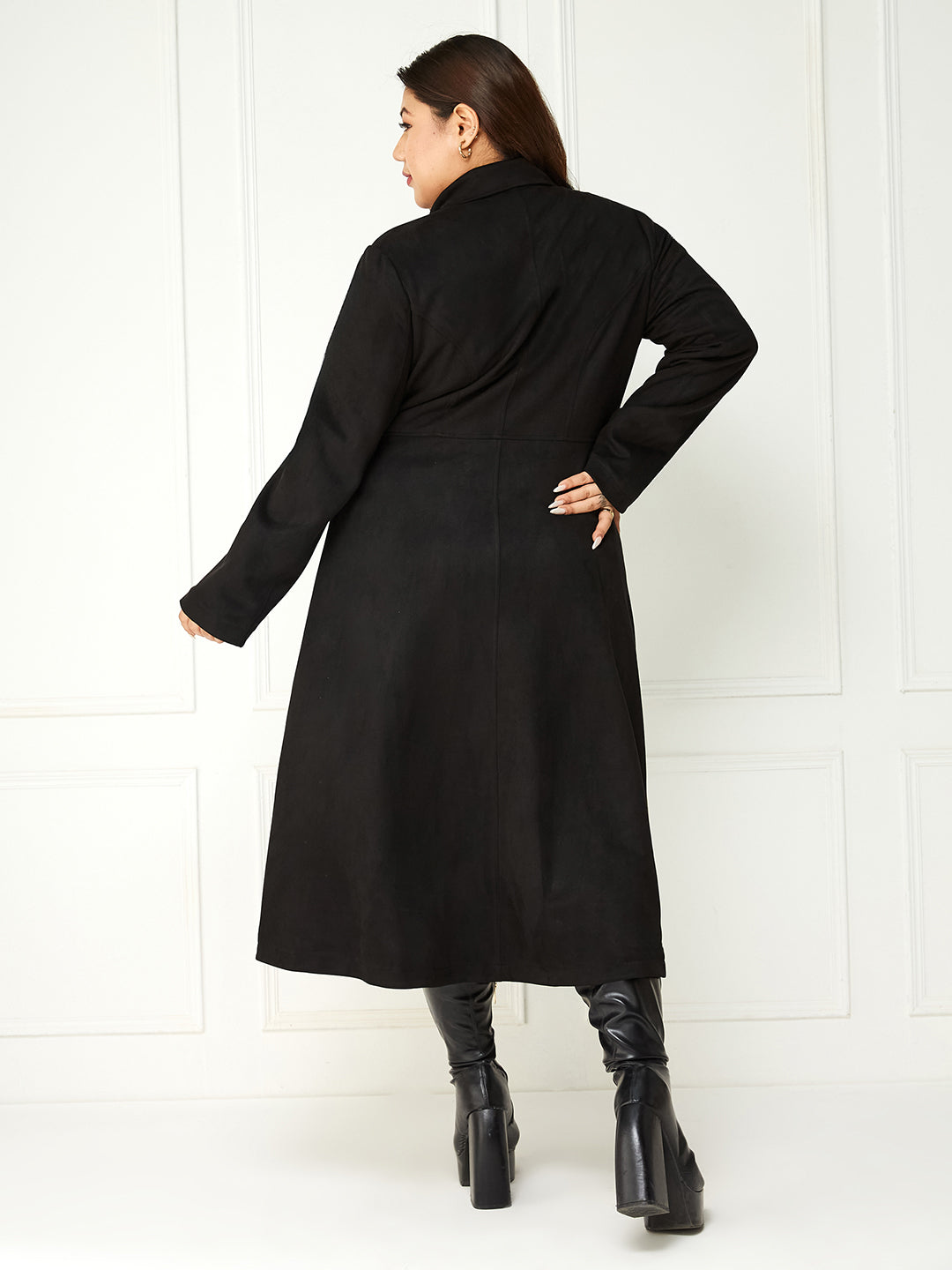 Body Bliss Black Solid Double Breasted Longline Jacket for Women — Miss Chase A+