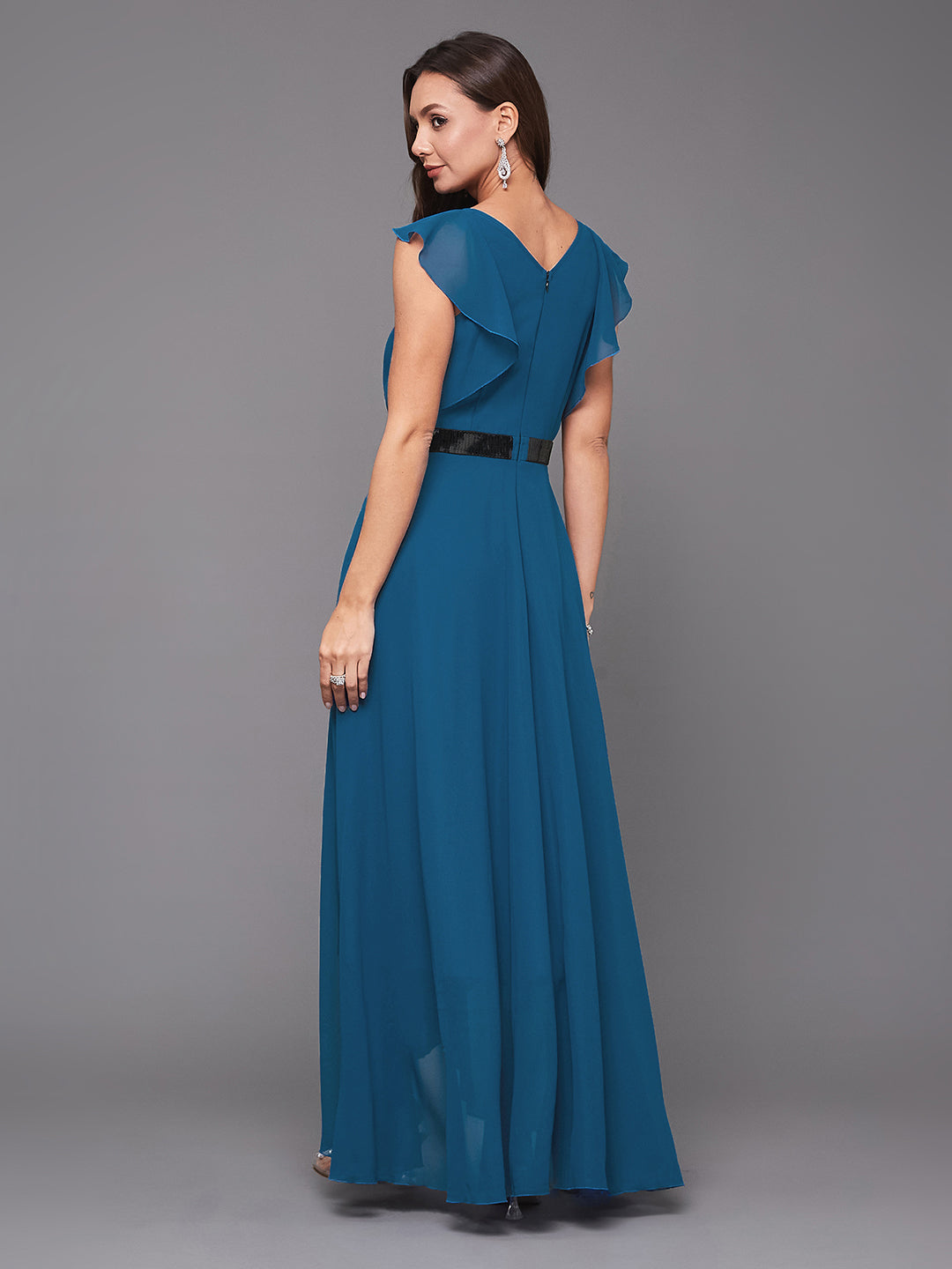Royal Blue Solid Fit and Flare Maxi Dress Long Dress Frock with Black Sequinned Belt