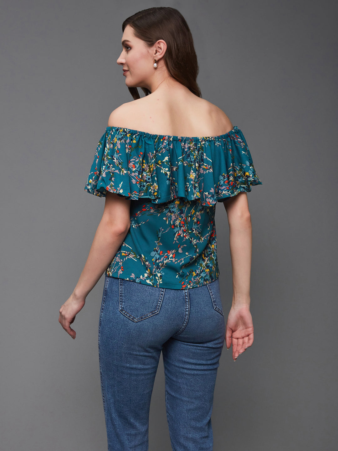 Women's Multicolored-Base-Turquoise Off-Shoulder Sleeveless Floral Bardot Regular Top