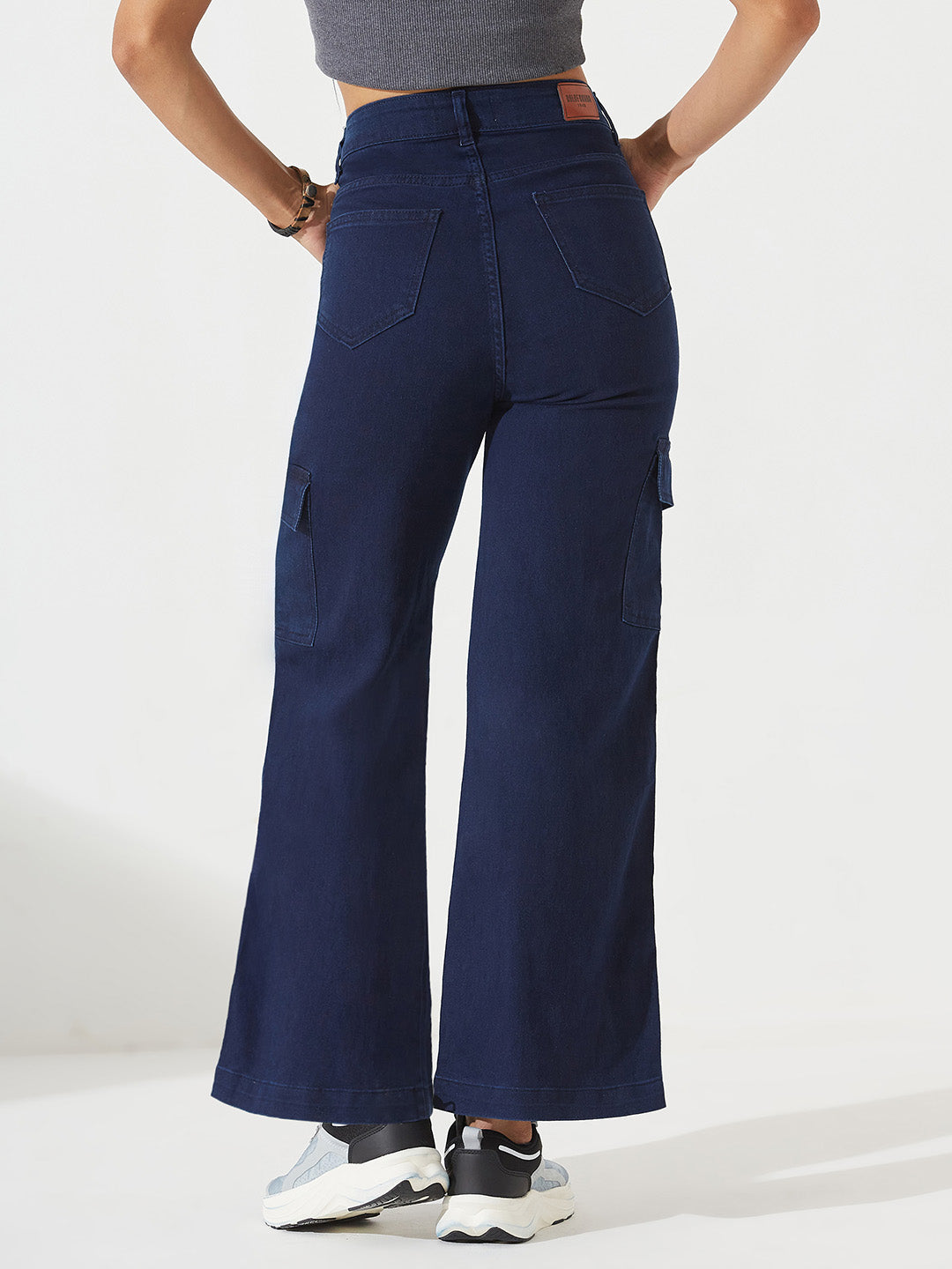 Navy-Blue Wide-Leg High-Rise Stretchable Cargo Denim Jeans for Women