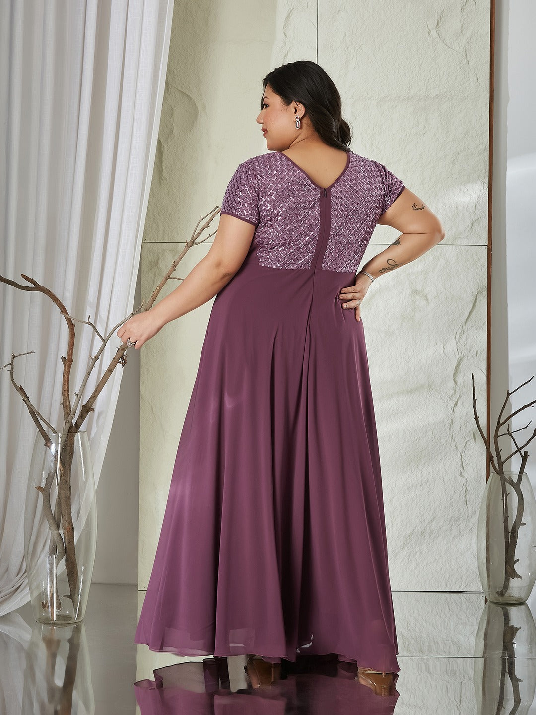 Mauve Round Neck Cap Sleeve Embellished Fit & Flare Maxi Crepe Dress for Women
