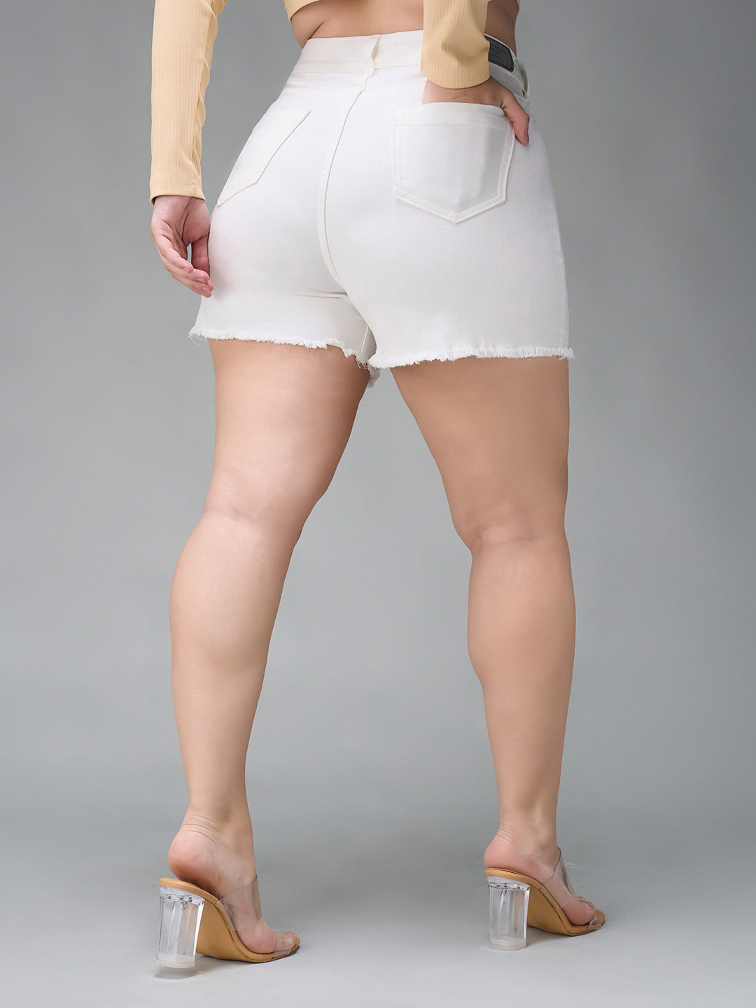 Women's White High-Rise Stretchable Denim Shorts