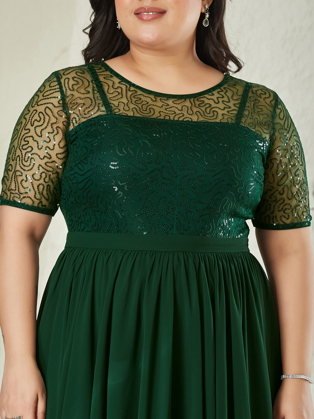 Dark Green Relaxed Fit Maxi Georgette & Sequins Dress for Women