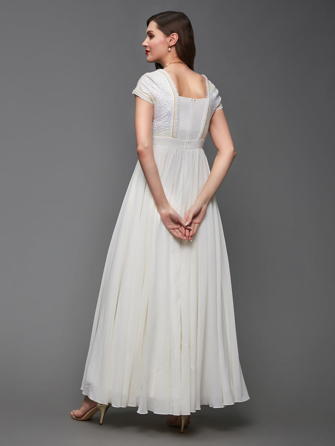 Women's Off White Square Neck Frilled Self Designed Panelled Georgette Maxi Dress