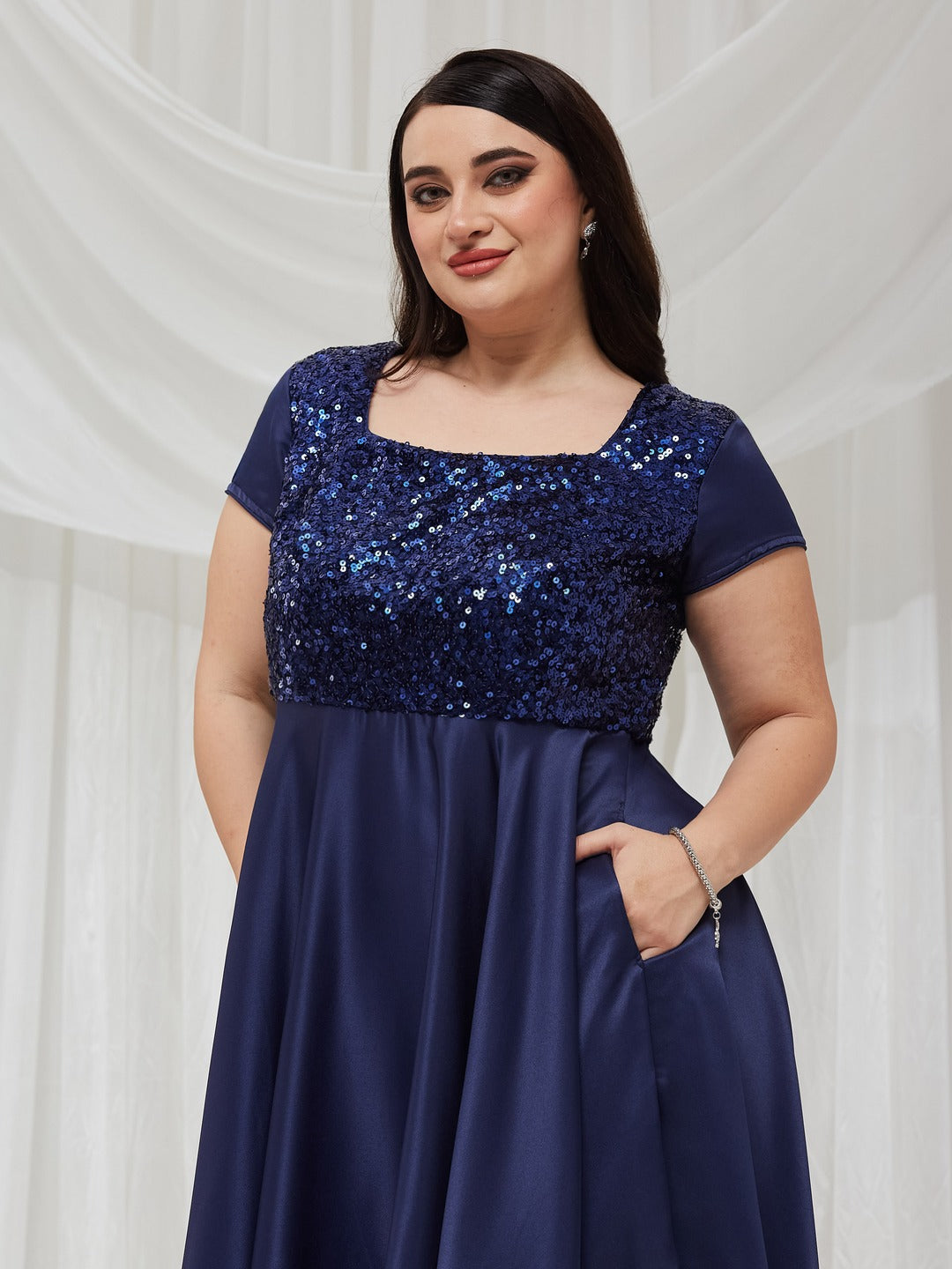 Navy Blue Square Neck Short Sleeve Embellished Polyester Fit & Flare Maxi Dress for Women — Miss Chase A+