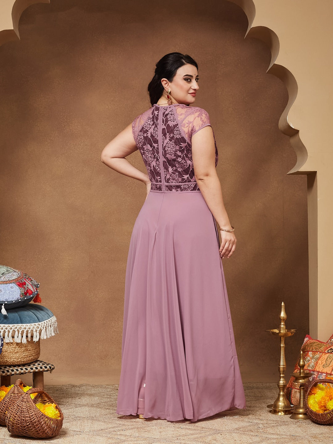Lavender & Wine V-Neck Cap Sleeves Floral Lace Fit & Flare Maxi Dress for Women