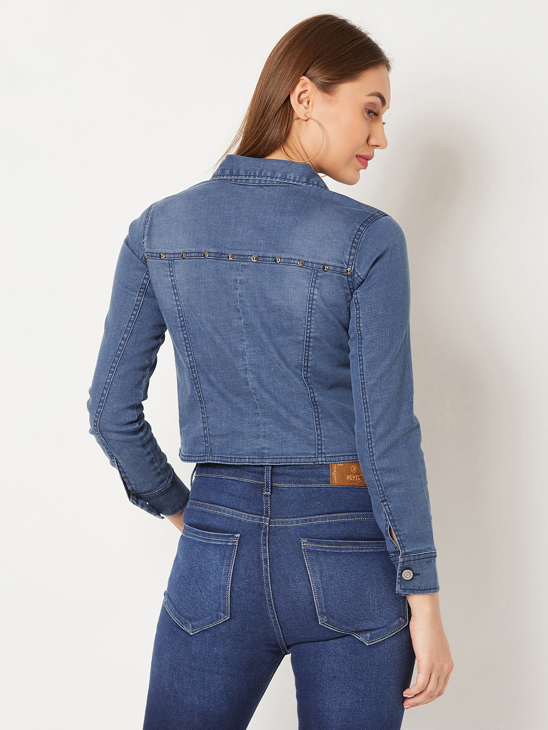 Women's Navy Blue Solid Polo Neck Full Sleeves Buttoned Denim Embellished Cropped Jacket