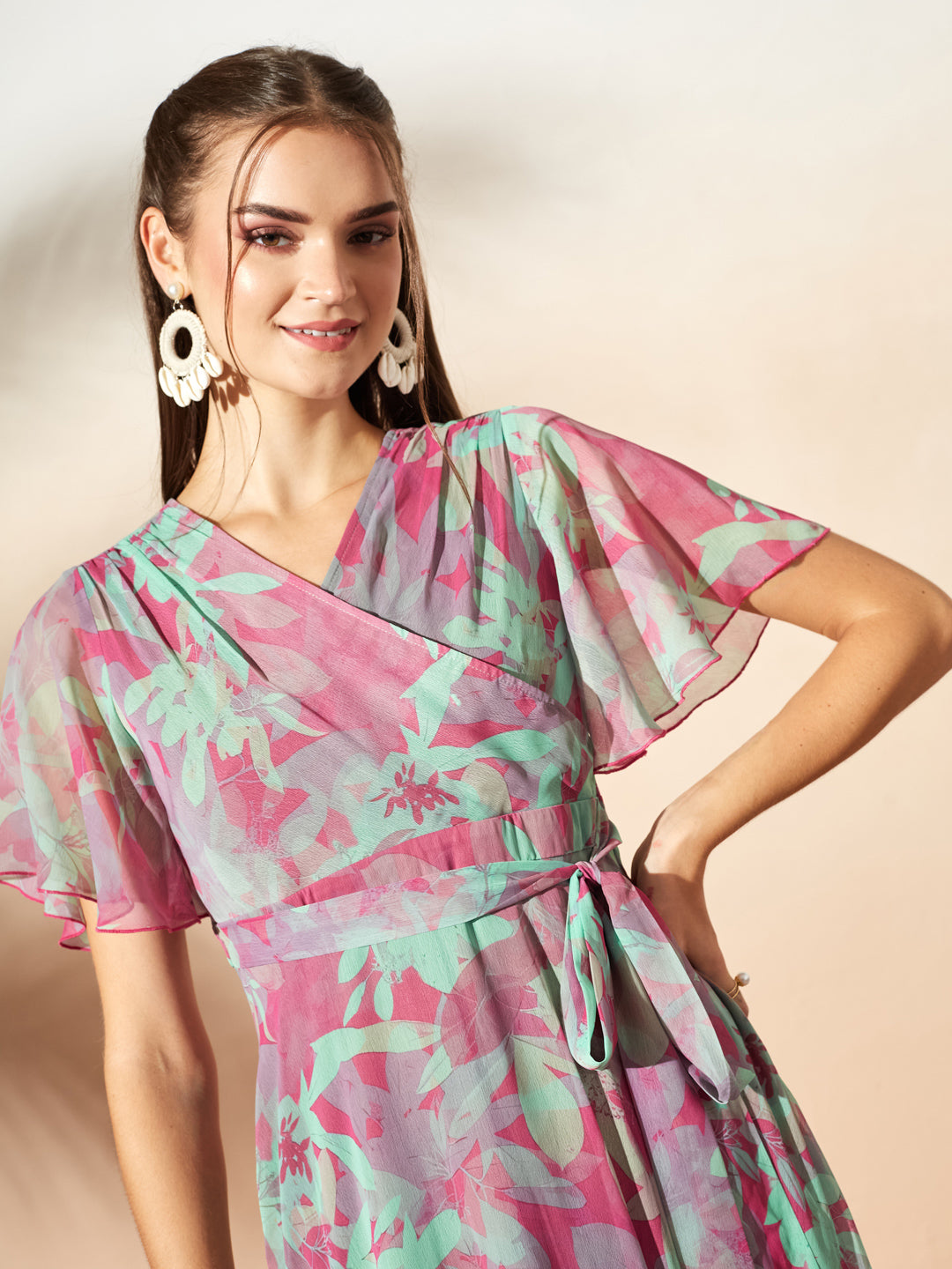 Pink & Mint Floral Printed Flutter Sleeves Maxi Dress for Women
