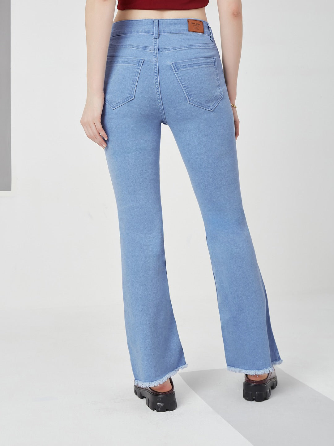 Light Blue Boot Cut high-rise Cropped Stretchable Denim Jeans for Women