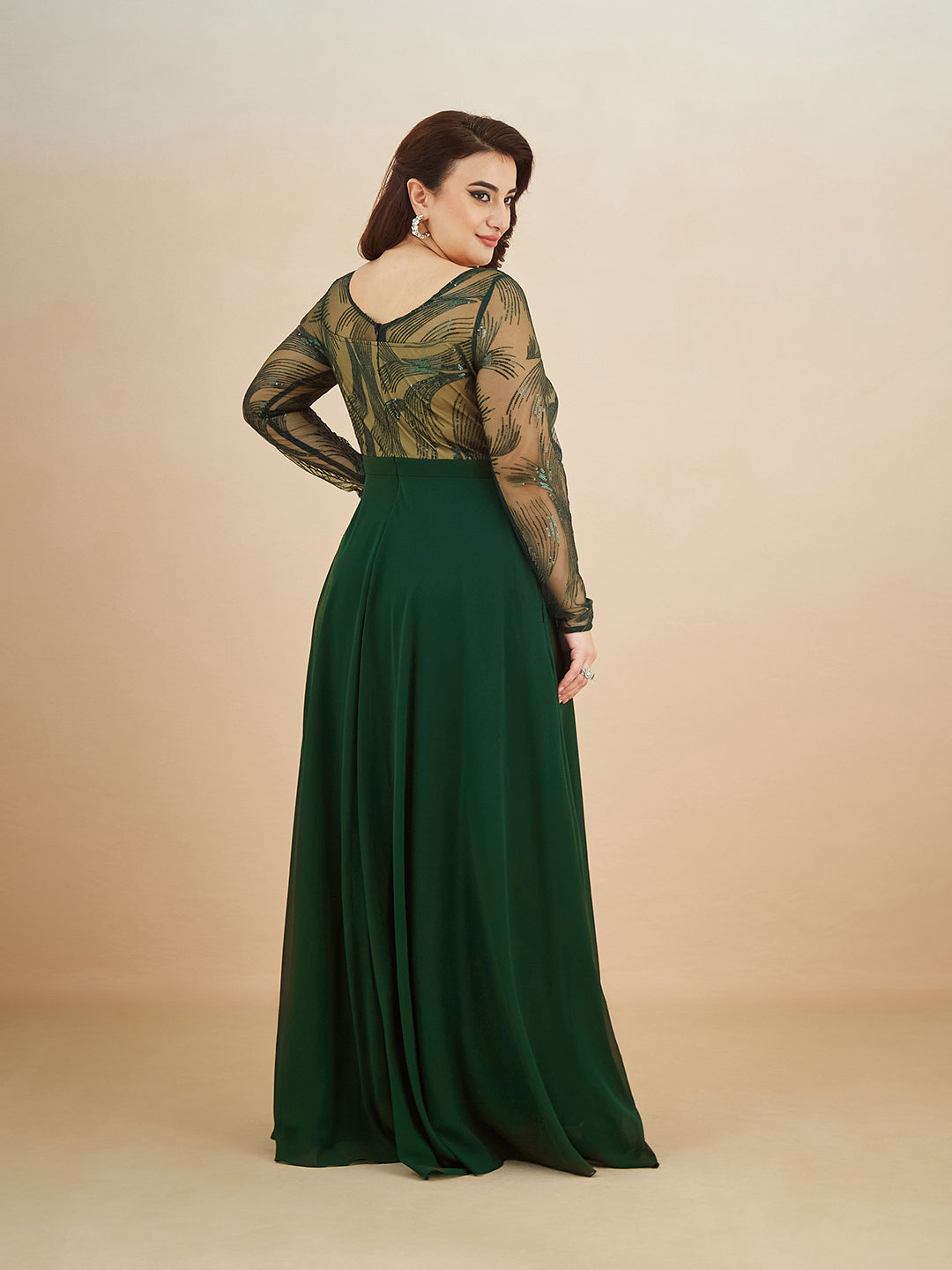Green & Beige Solid Embellished Maxi Dress for Women