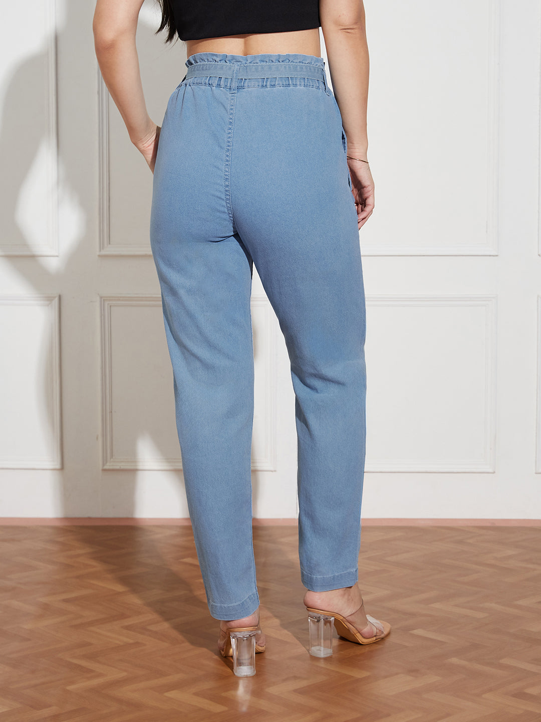 Women's Light-Blue Paperbag-Fit High-Rise Clean-Look Regular-Length Stretchable Denim Jeans