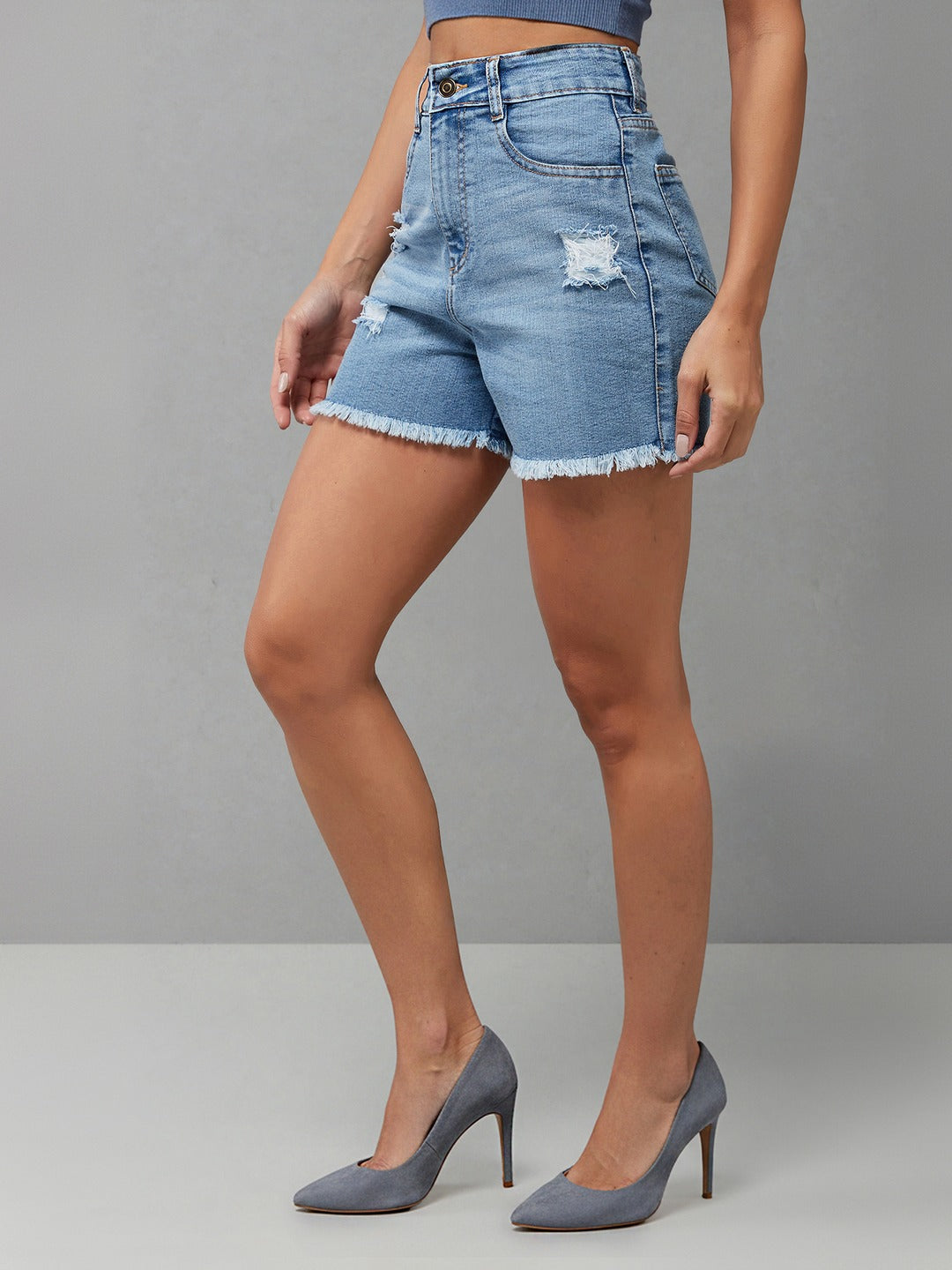 Light Blue Relaxed Fit Mid Rise Highly Distressed Denim Shorts for Women