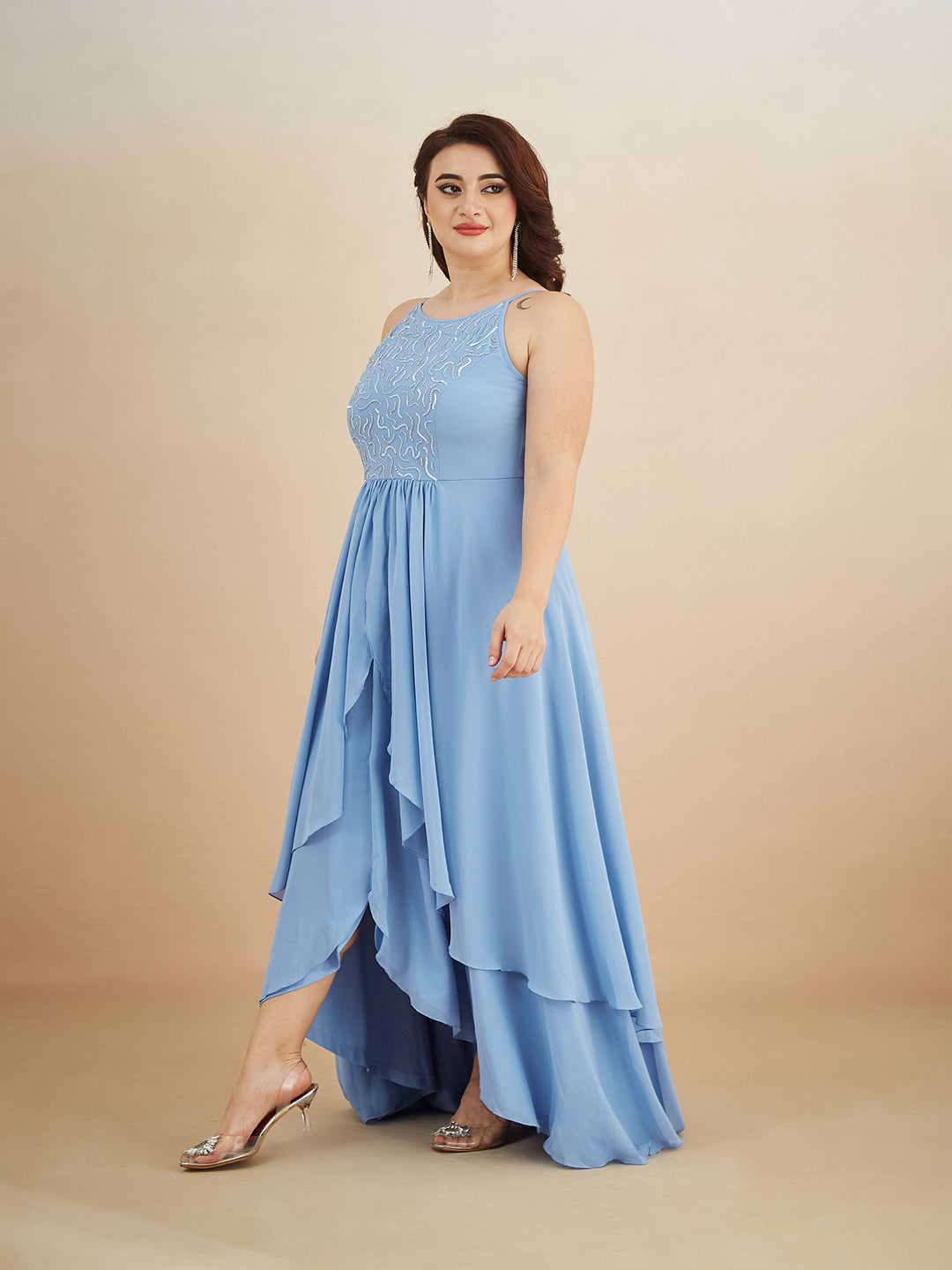 Powder Blue Halter-Neck Sleeveless Embroidered Layered Georgette Maxi Dress for Women — Miss Chase A+