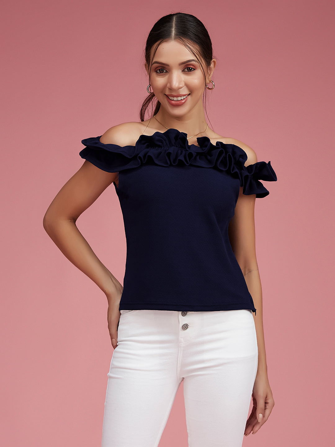 Women's Navy Blue Off Shoulder Sleeveless Solid Ruffled Frilled Gathered Bardot Top