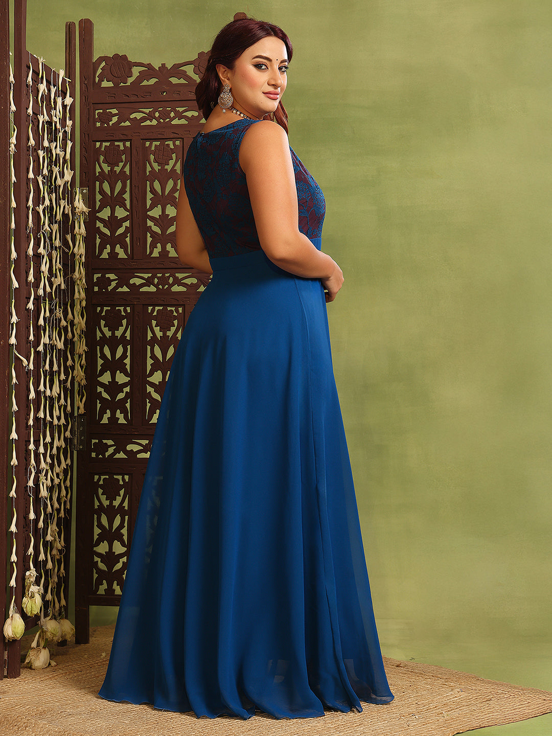 Women's Royal Blue Sleeveless Georgette Floral Lace Fit & Flare Maxi Dress