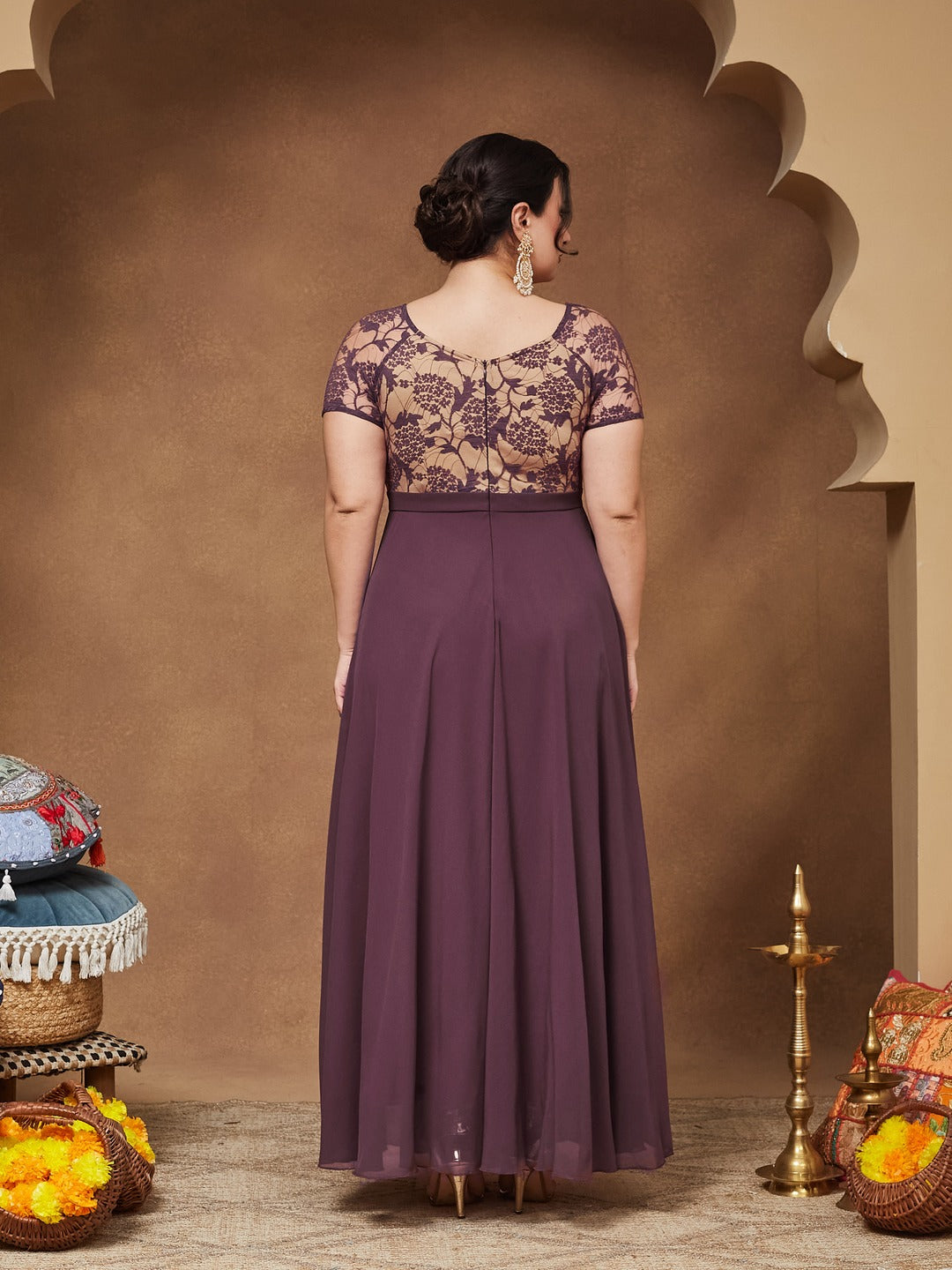 Mauve Square-Neck Raglan-Sleeve Self-Designed Flared Georgette Maxi Dress for Women — Miss Chase A+