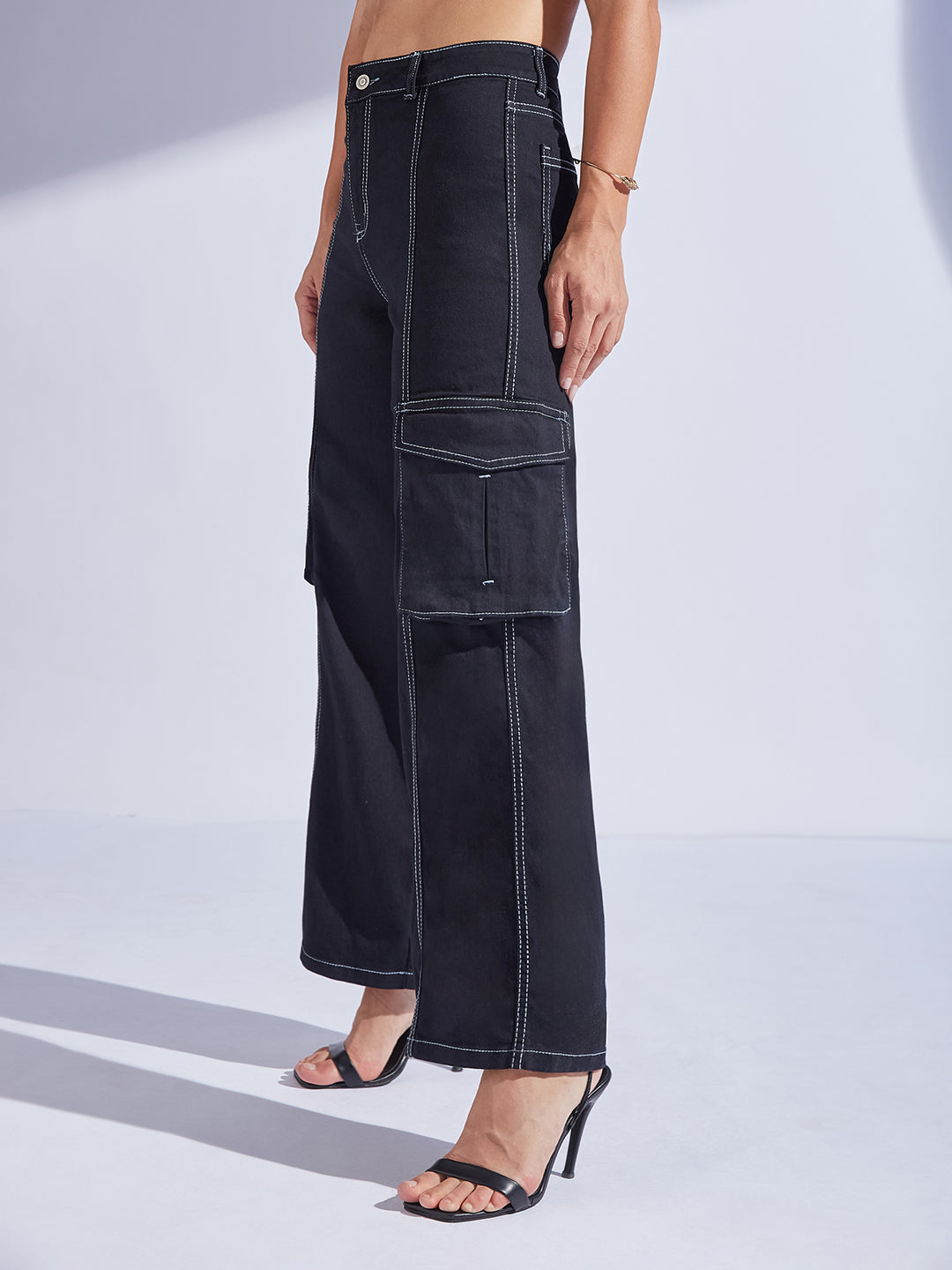 Women's Black Wide-Leg High-Rise Clean-Look Regular-Length Stretchable Patch-Pocketed Denim Jeans