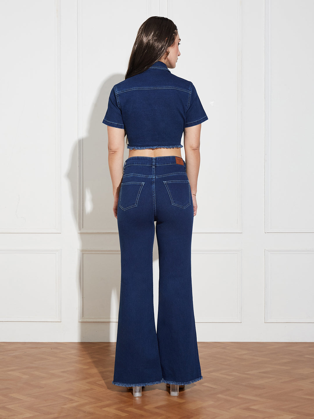 Women's Navy Blue Bootcut High-Rise Clean-Look Cropped Top, Regular Bottom Stretchable Denim Co-Ord Set