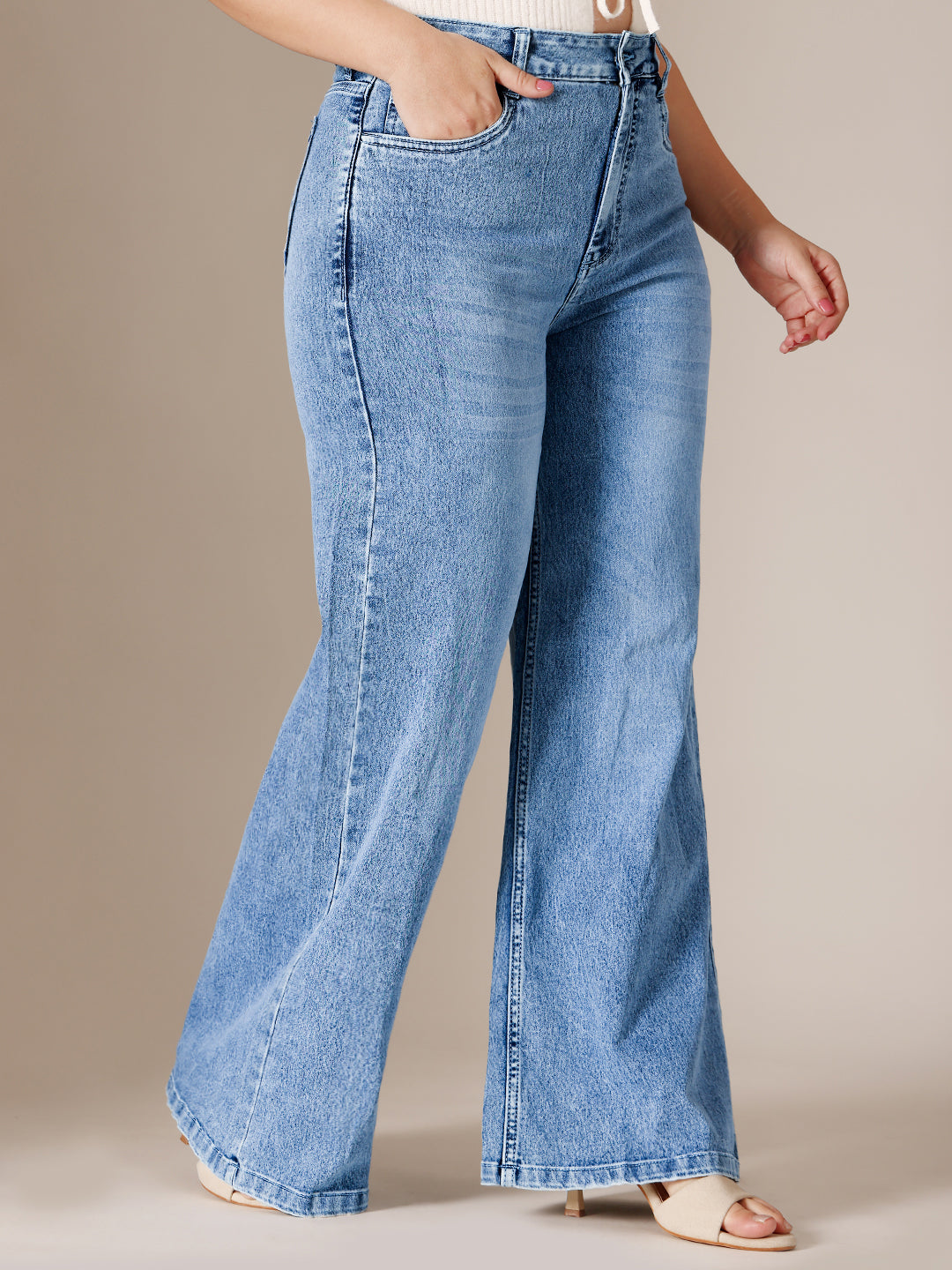 Light Blue Wide-Leg High Rise Clean Look Regular Length Stretchable Denim Jeans for Women