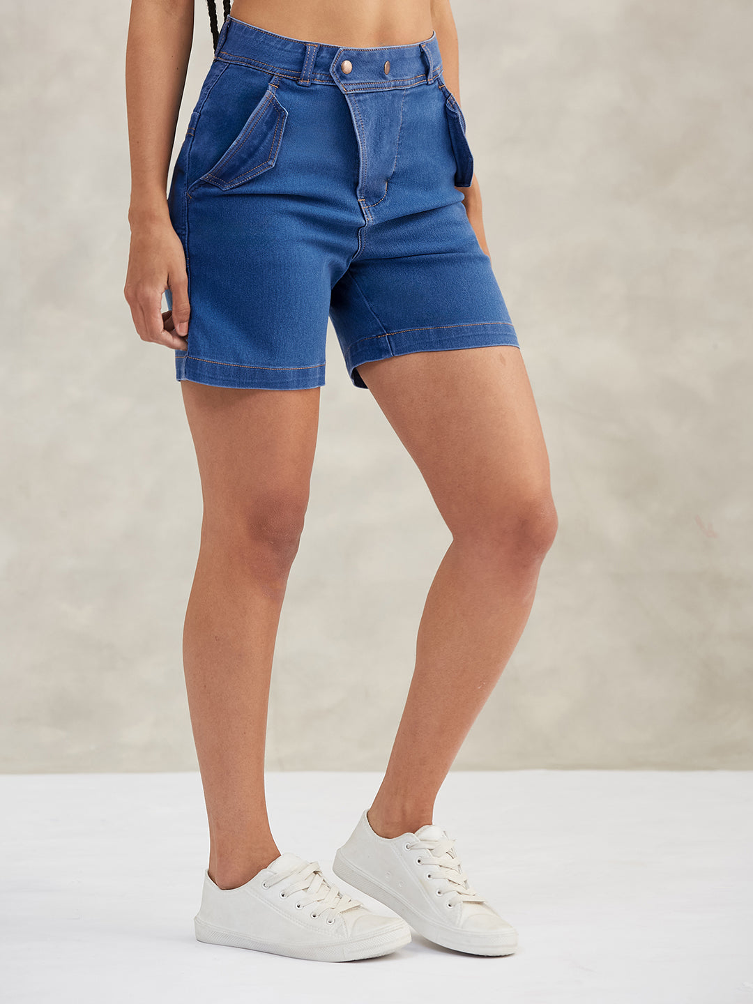 Women's Relaxed-Fit Mid-Rise Stretchable Blue Denim Bermuda Shorts