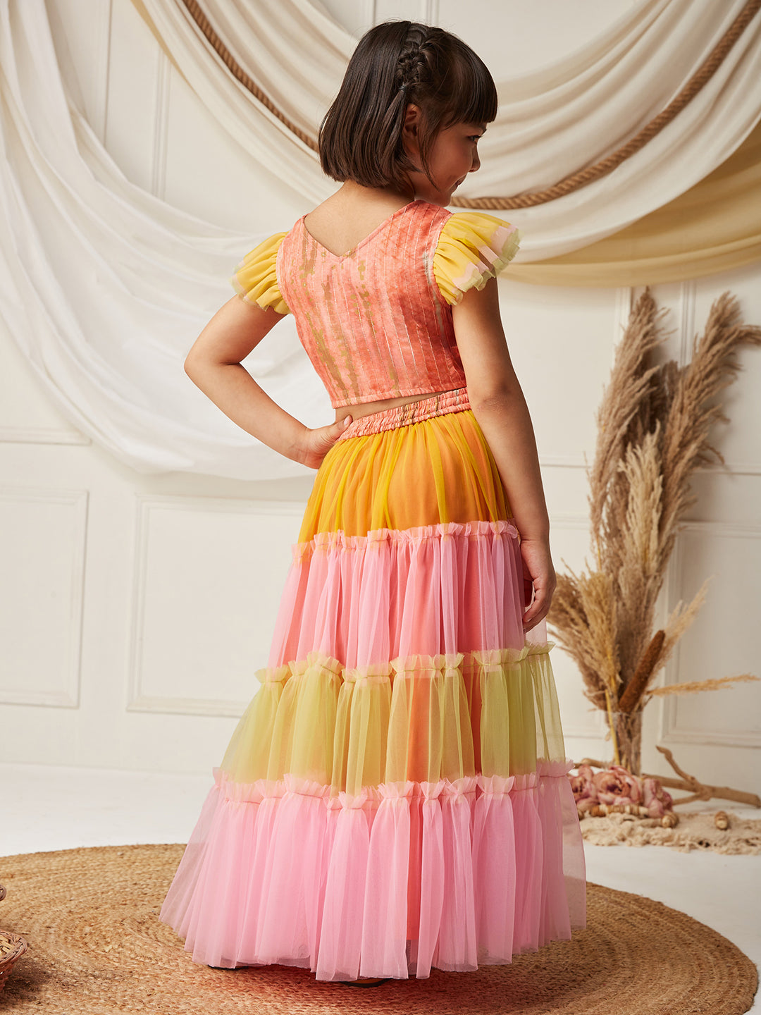 Multicolored-Base-Peach Round-Neck Frilled Sleeve Embellished Fit & Flare Regular Fusion Set