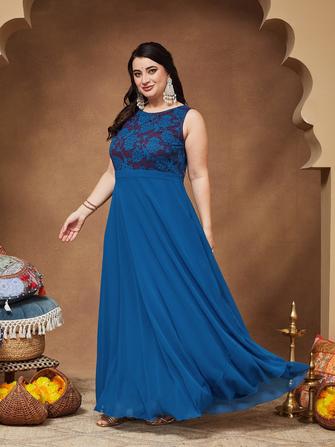 Royal Blue Round Neck Sleeveless Georgette Floral Lace Fit & Flare Maxi Dress for Women — Miss Chase A+