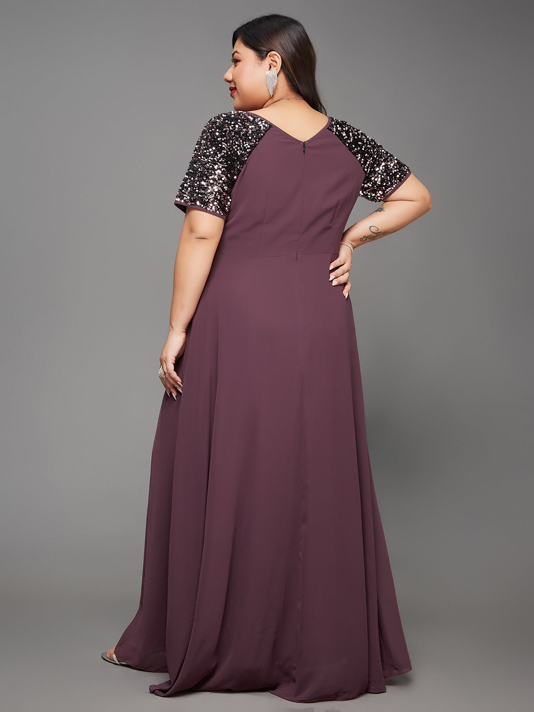 Body Bliss Mauve Relaxed Fit Maxi Georgette Party Sequin Dress